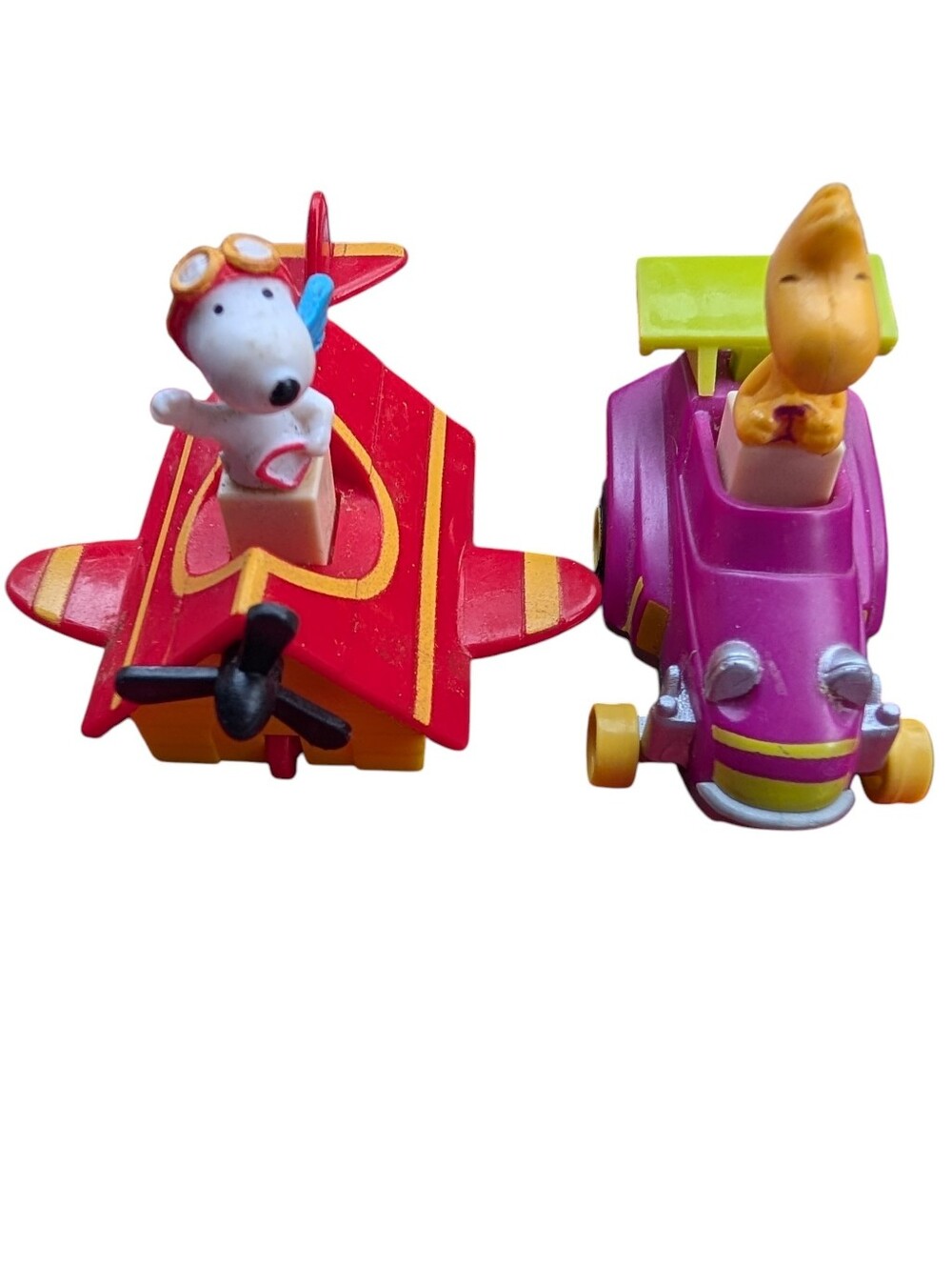 Vintage Rare Lot Of Two Snoopy Red Barron  & Woodstock Push Down Cars